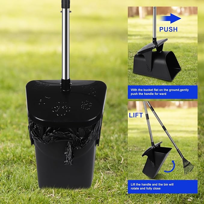 39.8'' Long Handle Dog Pooper Scooper with 20 Bag Attachment Heavy Duty Swivel Bin, Rake & Spade Easy to Clean Poop Scooper for Large Medium Dogs Pet Waste Removal Solution for Yard, Grass, Gravel
