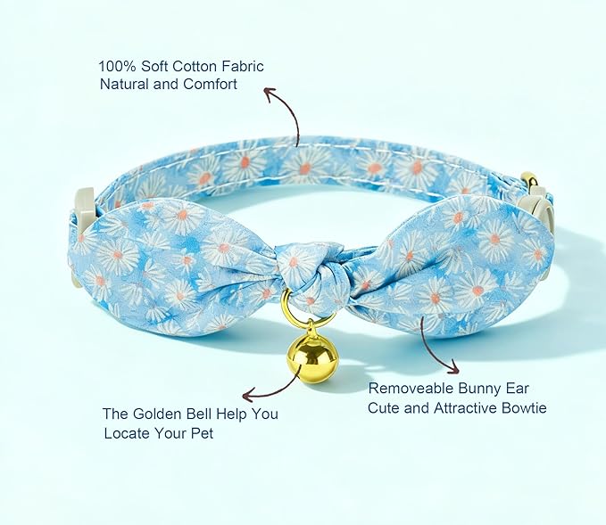 Bunny Ear Bowtie Cat Collar with Bell 2 Pack Cotton Breakaway Kitten Collars with Removeable Bow Stylish Cat Collars(Floral Blue)