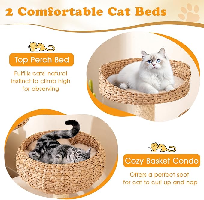 PETSITE 41 Inch Modern Cat Tree for Indoor Cats, Multi-Level Cute Cat Tree with Scratching Posts, Hand-Made Wicker Cat Condo & Top Perch, Dangling Ball, and Sisal Rope, Beige