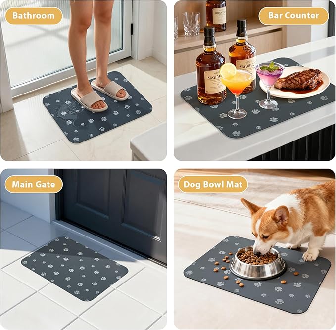 Dog Food Mat, Diatom Ooze Cat Water Mats Non Slip for Floors Waterproof and Water Absorption, Easy to Clean-Dog Paw(12" H*15.5" L)