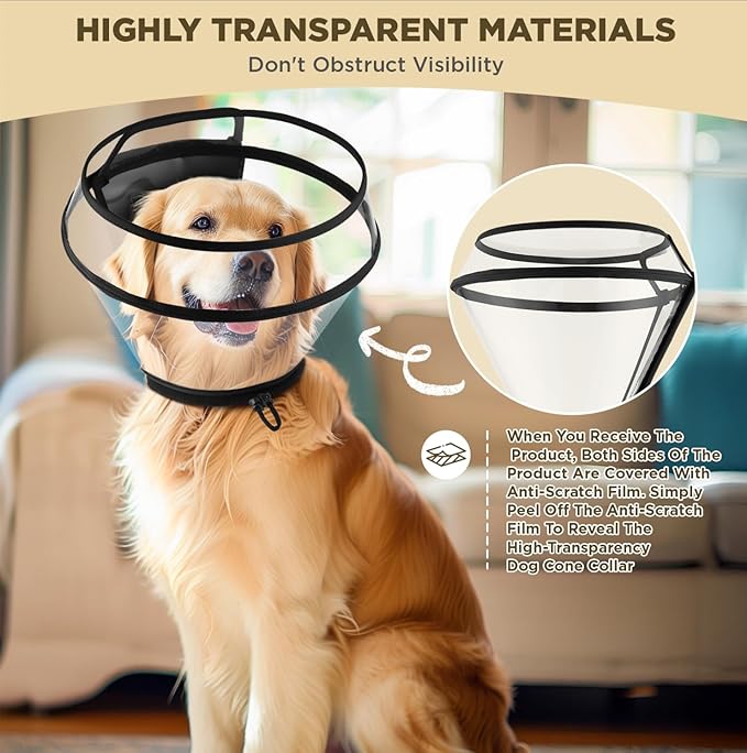 Dog Cone Collar for After Surgery,Transparent Dog Cones Alternative for Small Large Medium Size Dogs,Adjustable Depth Pet Recovery Collars,Elizabethan Collar for Dogs Stop Licking Wound(L)