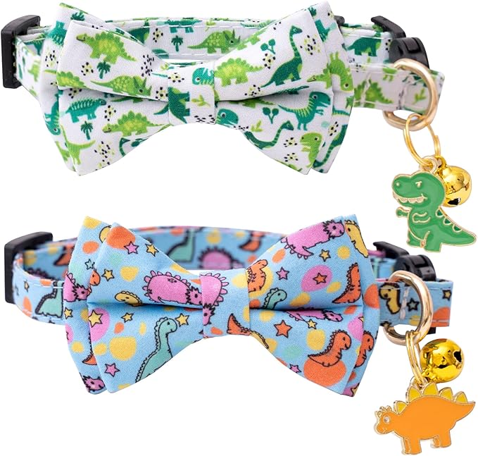 Faygarsle 2 Pack Cat Collar with Bell Breakaway Bowtie for Male Female Cats Soft Fancy Blue Green Dinosaurs Pattern Spring Summer Cat Collar for Boy Girl Cats