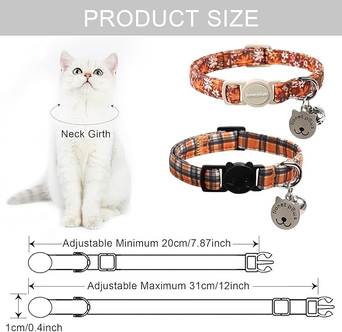 Lionet Paws 2pcs Pack Halloween Cat Collar,Brown Blossoms and Black Brown Grid with Breakaway Buckle,Cute Adjustable Cat Kitten Collar,Ideal for Girl Cats