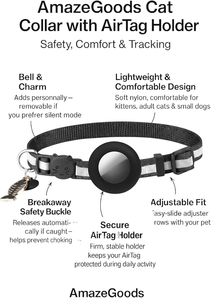 AirTag Cat Collar Breakaway – Reflective Kitten Collar with Holder for Apple AirTag Tracker, Bell & Cute Charm, Adjustable Lightweight Nylon for Boy & Girl Cats (Fits 8.66–13.78 in)