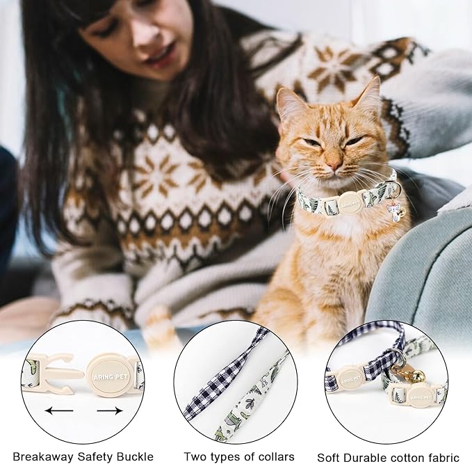 ARING PET 2 Pack Cat Collar-Cute Cotton Cat Collar with Bell & Pendant, Adjustable Dinosaur Kitten Collars with Safety Buckle for Girl and Boy Pets