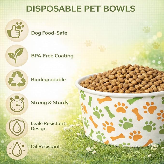 60 Pcs 42 oz/ 5.2 Cups Disposable Pet Bowls with Waterproof PE Coating, Heavy Duty Leakproof Bulk Dog Bowls with Printed Pattern for Multi-Dog Homes, Puppies, Travel, Camping & Pet Party