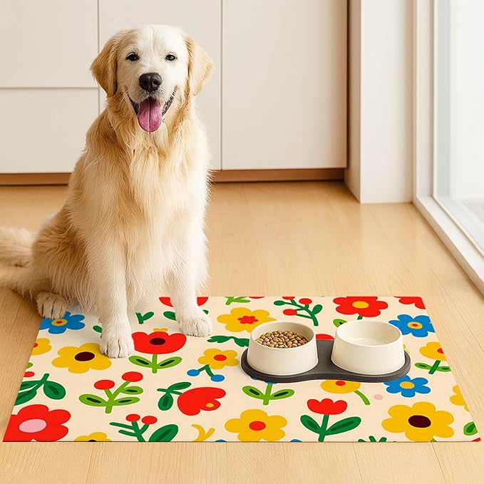 Pet Feeding Mat 24x16 inch Colorful Flower Print Pet Bowl Placemat Non Slip Floor Mat for Food and Water Indoor Pet Feeding Station Cute Meal Pad for Small Cats and Dogs Kitchen Use