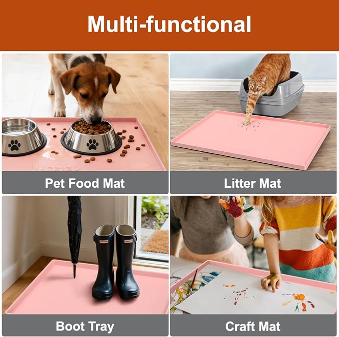 Extra Thick Silicone Mat Waterproof with Raised Edge 34" x 22", Under Sink Mat for Kitchen & Bathroom, Kitchen Cabinet Liner, Multi-Purpose for Storage & Protection, Pink