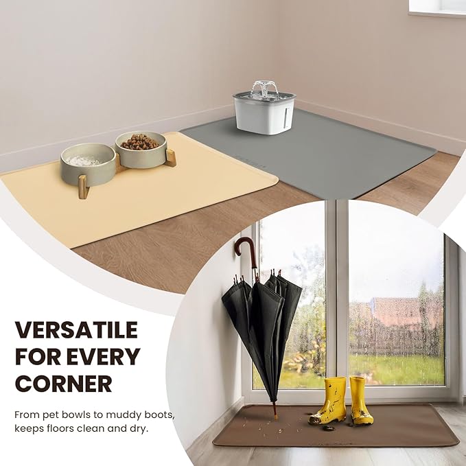 VIVAGLORY Dog Food Mat Flexmat Dog Bowl Mat, Placemat Food Tray with Raised Edges & Lip for Indoor Floor, Non Slip Waterproof Silicone Dish Placemat for Cat & Pet, L, Ivory
