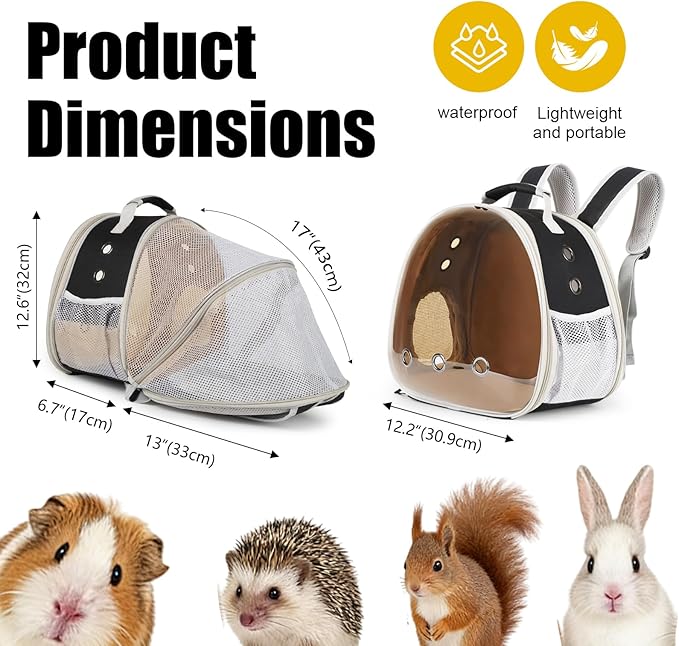 Back Expandable Backpack for Small Animals, Portable Travel Bag Breathable Pet Carrier Cages for Bunny, Guinea Pig, Bearded Dragon, Lizard, Rabbit, Squirrel, Tortoise, Kitten, Sugar Glider