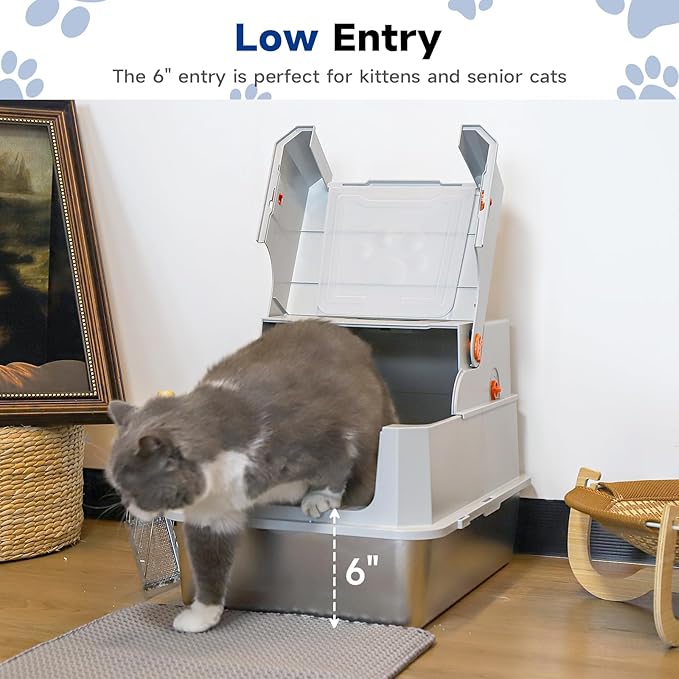 TENTIZON Stainless Steel Cat Litter Box with Lid, Large Covered Enclosed Kitty Litterbox with Hood, Flip Top, High Side, Litter Mat, Scoop for Big Cats, Kitten, No Odor, No Mess, Easy Clean