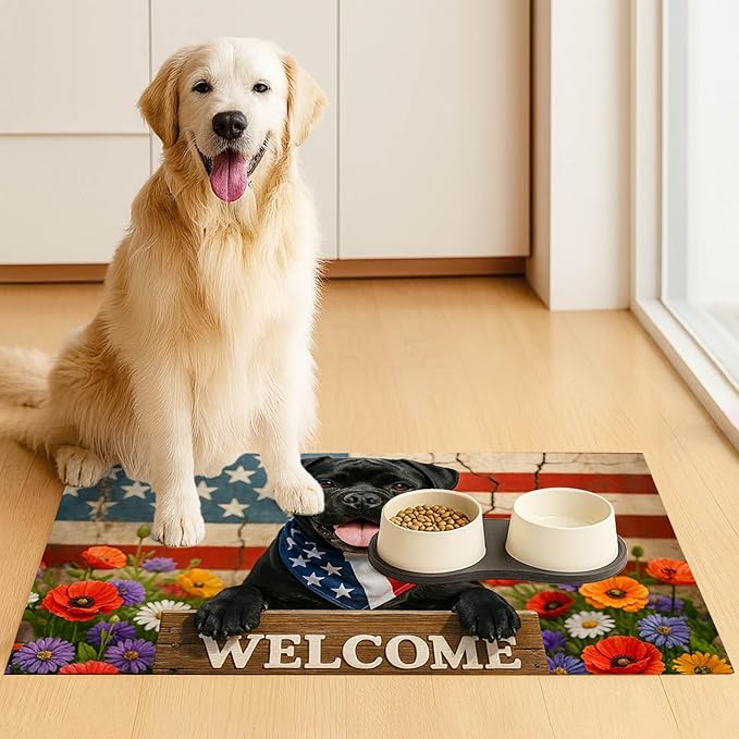Patriotic 4th of July Flag Dog Pet Food Mat Independence Day Spill-Proof Pet Feeding Mat USA Welcome Dog Bowl Mats Pets Placemat Cat Food Mats for Home Decor 24" x 16"