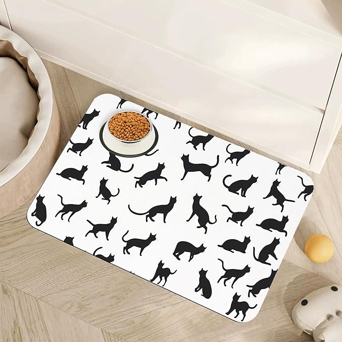 Funny Black Cat Dog Food Mat,Absorbent Pet Feeding Mat with Rubber Backing,Non-Slip Water Bowl Placemat,Indoor Pet Accessories Supplies 12"x20"