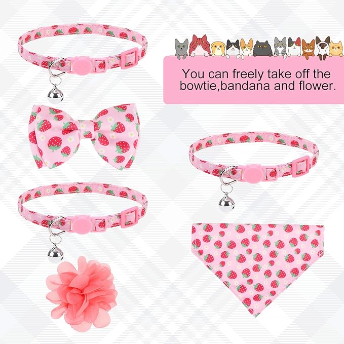 Breakaway Cat Collars with Bell & Cute Pendants - 3 Pack Adjustable Safety Kitten Collars - Decoration for Girl Boy Cats Puppy and Small Pets (Style C - Strawberry)
