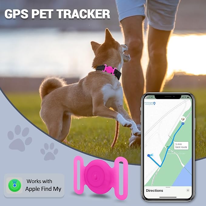 GPS Tracker for Dogs, Mini GPS Pet Tracker with Silicone Cover, IPX8 Waterproof GPS Tracker for Kids,No Monthly Fee,Work with Apple Find My(iOS Only),Dog Tracker Finder Tracker Pets-YGPink-5