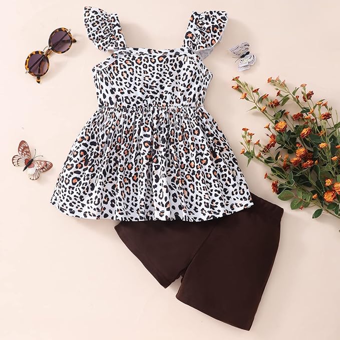 Toddler Baby Girls Summer Clothes Outfits Ruffled Sleeve Dinosaur Shirt Leopard Tops and Shorts Pants Sets 2PCS