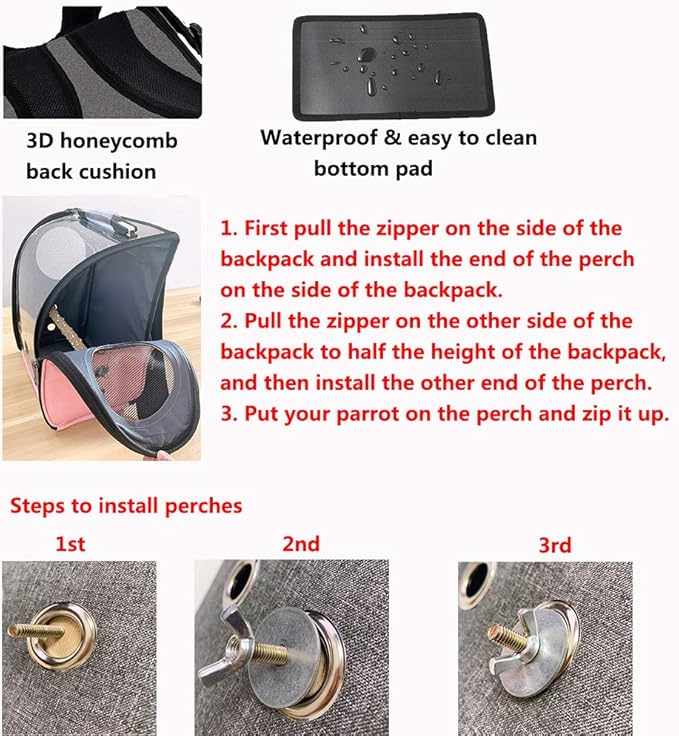 Bird Parrot Backpack Carrier Travel Bag with Perch Stand for Parakeets Cockatiels Conures Finches Lovebirds Small Medium Birds Cage Outside Airlines Airplane Plane Approved Car Lightweight Transparent