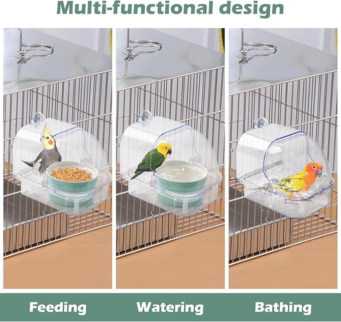 Bird Cage Feeder with Ceramic Bowl,2 in 1 No Mess Bird Feeder and Transparent Parakeet Bathtub with Bottom Drawer Hanging Tube Shower Box for Birds Budgies Parakeet Small Parrot Cockatiels