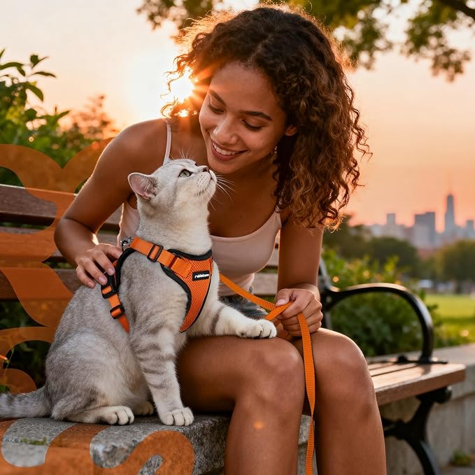 rabbitgoo Cat Harness and Leash for Walking, Escape Proof Soft Adjustable Vest Harnesses for Cats, Easy Control Breathable Reflective Strips Jacket, Orange, M