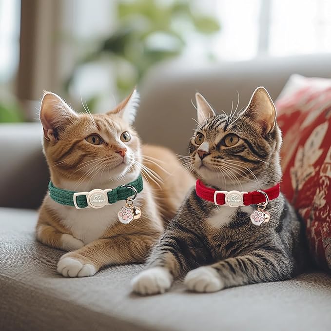 2 Pack Corduroy Cat Collars - Cute Breakaway Cat Collar with Bell and Paw Pendant, Soft Adjustable Fall Winter Kitten Collars for Girl Boy Cats, Green&Burgundy