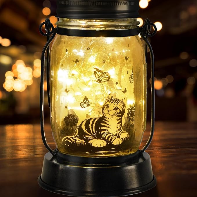 kyoryuger Cat Gift for Women Cat Gifts Solar Lantern, Cat Solar Lights Outdoor Cat Lover Gifts for Women Men Cat Lovers Gifts Hanging Cat Lanterns for Yard Garden Decor Waterproof Lantern Torches
