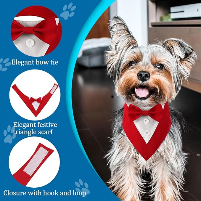 Dog Wedding Bandana, Formal Dog Tuxedo Adjustable Pet Collar with Bow, Small, Medium and Large Wedding Clothing, Birthday Gifts for Dogs (Small, Red)