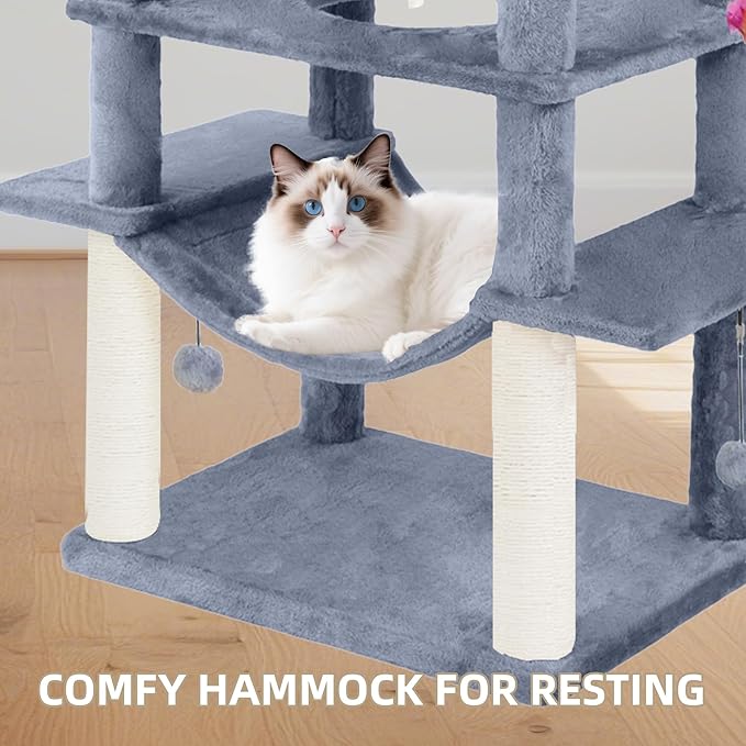 71in Multifunctional Multi-Level Cat Tree Tower for Indoor Cats,Cat Tree with Hammock,2 Condos,2 Hanging Baskets,2 Feather Toys,3 Perches,5 Hanging Balls,7 Scratching Posts,Grey