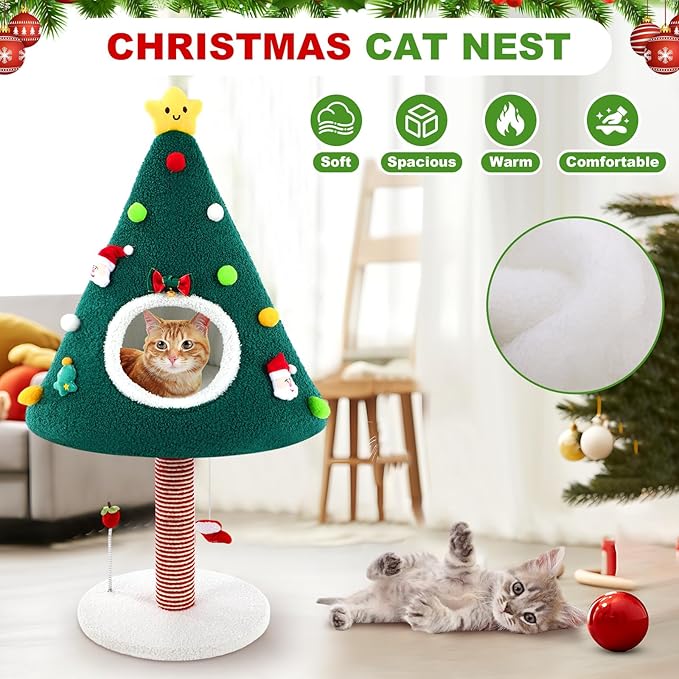 36.6 Inch Christmas Cat Tower with Cat Scratching Post and Green House Scratcher Tall Tree Tower Nature Sisal Christmas Tree Scratcher Activity Center Play Condo for Indoor
