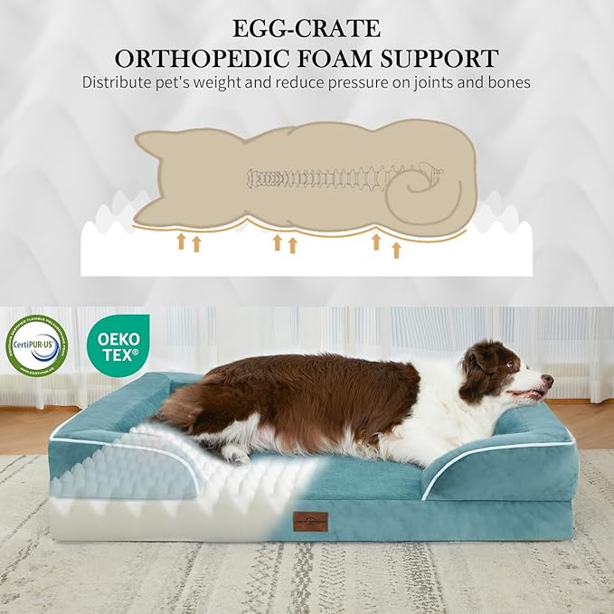 Comfort Expression Orthopedic Dog Bed for Large Dogs 36x27 Inch, Waterproof Supportive Egg Crate Foam Large Pet Bed with Removable Bolster, Dog Couch with Washable Cover & Non-Slip Bottom, Washed Blue