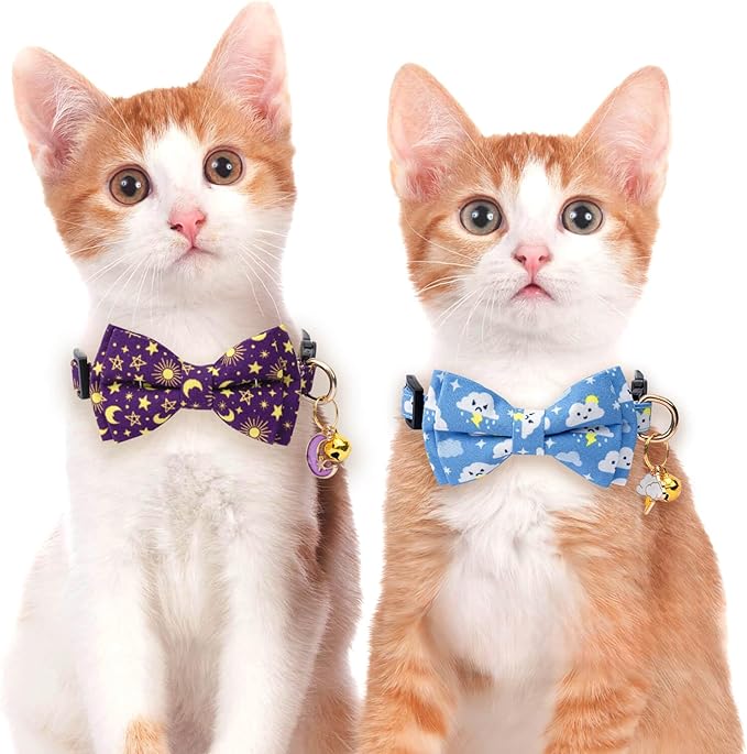 2 Pack Cotton Cat Collar with Bow Tie and Bell for Girl Boy Cats,Cute Pink Flamingo and Blue Whale Pattern Spring Summer Breakaway Cat Collar for Male Female Cats (Moon&Cloud)