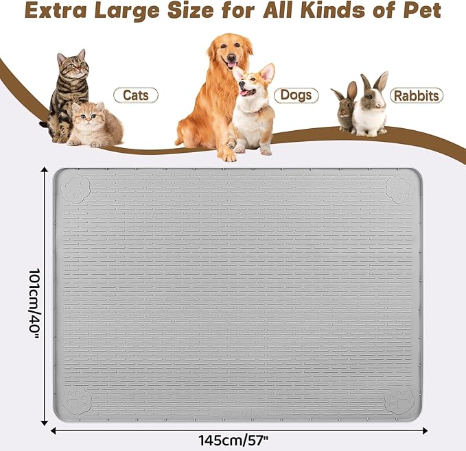 Cat Food Mat, 57" x 40" Extra Large Silicone Pet Feeding Mat with Raised Edge Pet Placemat for Food and Water Bowl Non-Slip, Easy to Clean, Floor Protection (Light Grey)