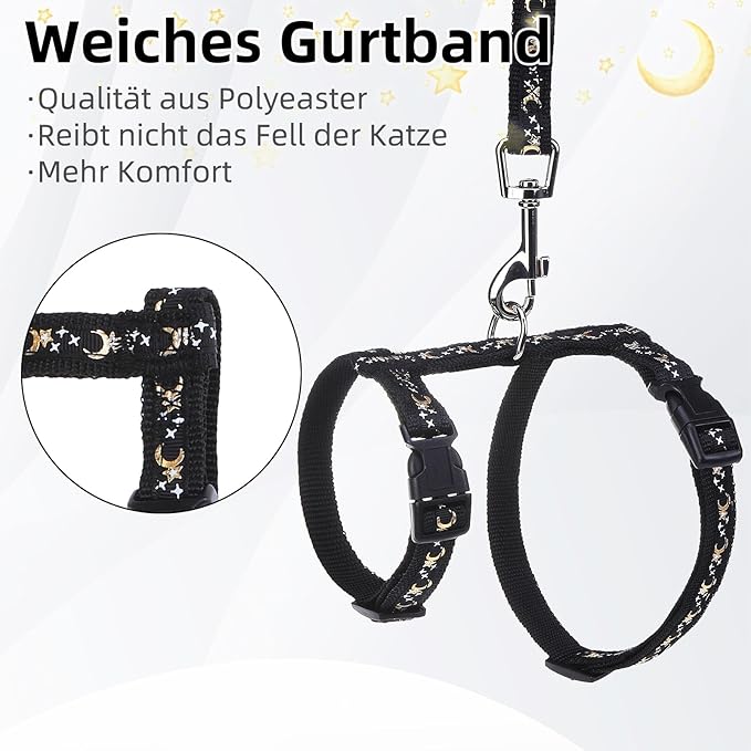 PUPTECK Adjustable Cat Harness and Leash Set Escape Proof Kitten Strap Collar for Walking Travel, Moon&Star