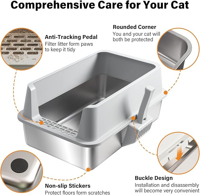Stainless Steel Litter Box,XL Metal Cat Litter Box with Lid High Sides, Extra Large Litter Boxes for Big Cats,Odor-Resistant, Scratch-Proof, Easy to Clean, Non-Stick,Scoop Included