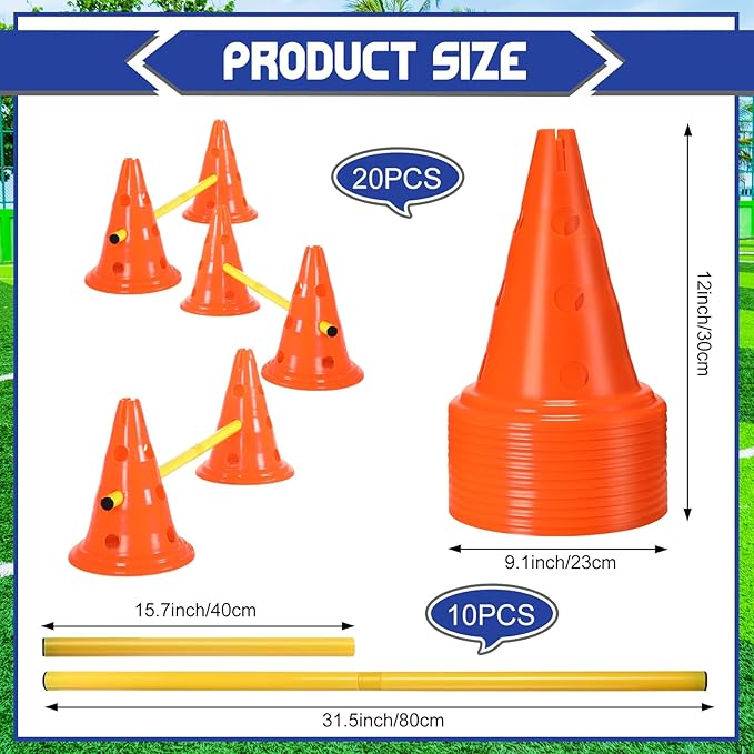 10 Sets Dog Agility Hurdle Cone Set 20 Pcs Exercise Cones with 10 Pcs Rods Adjustable Obstacle Portable Agility Training Equipment Canine Pole(Orange and Yellow)