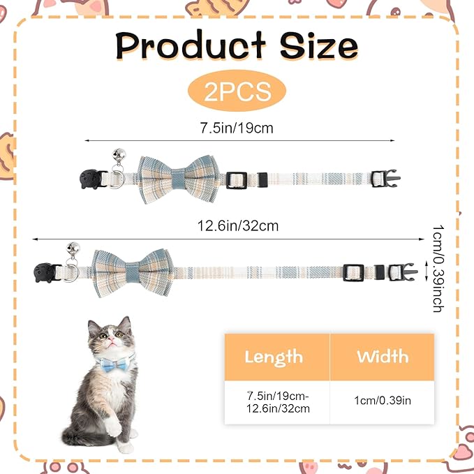 Jeffdad 2Pcs Cat Collar Breakaway, Cat Collar with Bells Bowtie Plaid Cat Collar Adjustable for Kitten Puppy and Small Pets (Blue and White Plaid)