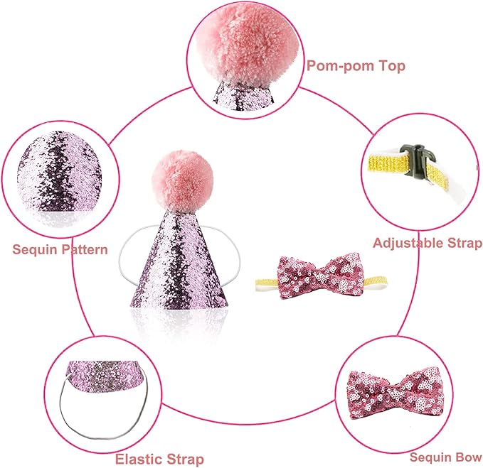 Christmas Pet Party Jazz Hat and Blingbling Bow Tie Breakaway Collar Set, Adjustable Headband for Kitten Puppy Small Dogs Cats (02 Pink-Hat)