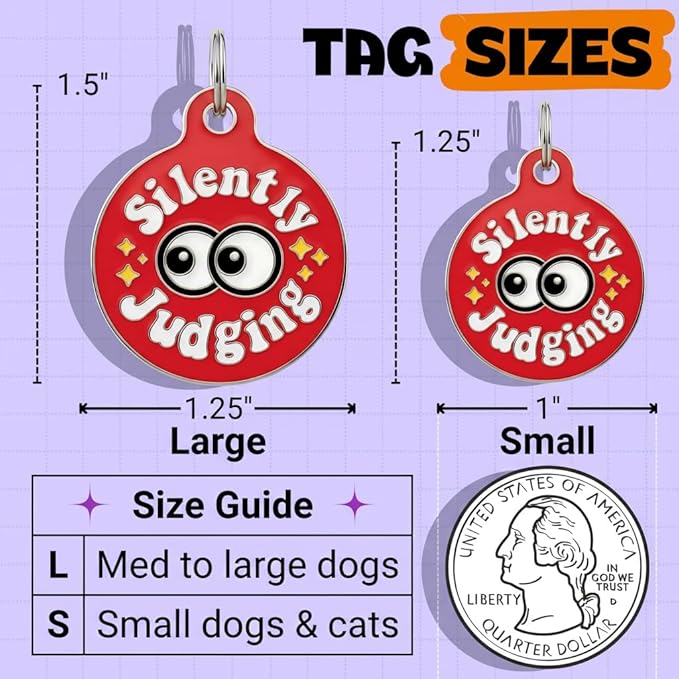 Bad Tags Personalized Dog and Cat ID Tags in 25+ Designs and 2 Sizes - 5 Lines of Custom Engraved Text - Funny Cute Personalized Pet Tags (Silently Judging - Red, Large (1.25 inch))