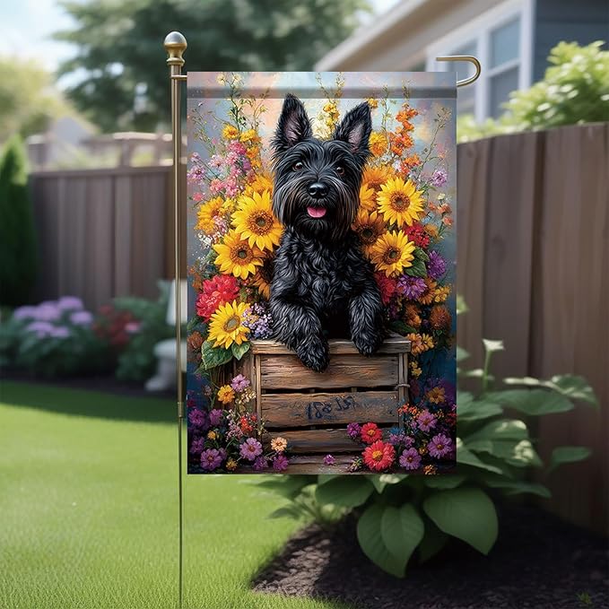 Garden Flag Black Terrier Dog with Sunflowers Floral Crate Yard Banner 12x18 Inch Double Sided Seasonal Spring Summer Outdoor Decoration for Porch Lawn Patio Outside House Dog Lover Gift