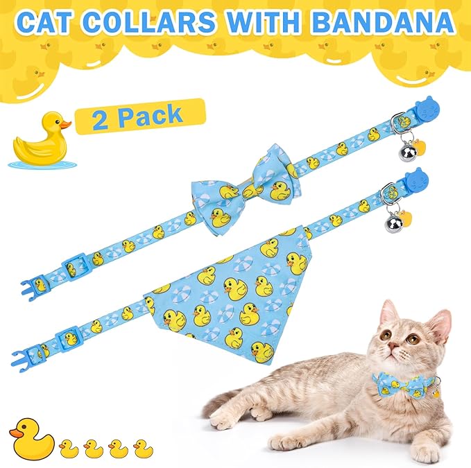 SCENEREAL Cat Collar with Bells, 2 Pack Breakaway Cat Collars with Removable Bowtie Bandana, Adjustable Cute Kitten Collar for Pet Small Dogs Boys Girls, Blue Duck