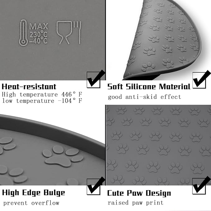 Silicone pet Food mat, Dog Food and Water mat, Raised Edge Rubber mat for Dog Bowls, Prevents Food and Water from staining Floors, Suitable for Small and Medium Pets，10.6'' (Gray - Odorless)