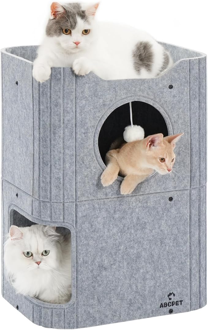 Cat House for Indoor Cats, 2-Storey Cat Bed Cave, Felt Cat Hideaway Condo with Resistant Scratching Freedom Kitten Cube for Multicats Gray