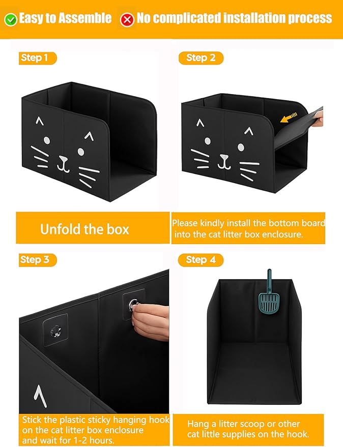 Waterproof Cat Litter Box Enclosure Splash Guard with Removable Mat, Cat Box Enclosure with 2 Hooks for Scoop, Anti-Leakage, Dust Control, Easy to Clean-24.02 x 16.14 x 16.14 inches-Black