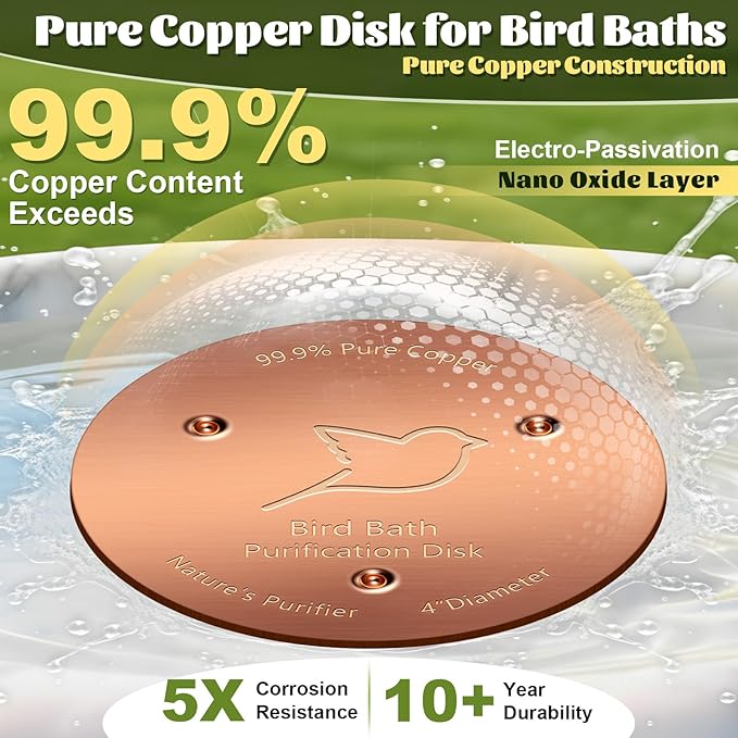 NNG 3 Pack Bird Bath Copper Disk,1mm Thick Reinforced 99.9% Pure Copper Bird Bath Purification Disk with Triple-Point Support,Physical Safe Water Cleaner for Outdoor Birdbaths Bowls,All-Season Use