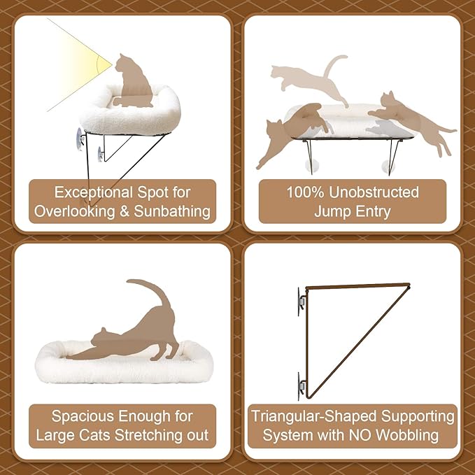 Zakkart Cat Window Perch - 100% Metal Supported from Below - Comes with Warm Spacious Pet Bed - Cat Window Hammock for Large Cats & Kittens - for Sunbathing, Napping & Overlooking (White)