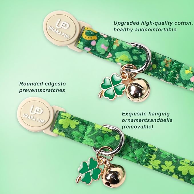 Cat Collar,2Pack St.Patrick's Day Kitten Collars Cute Shamrock Breakaway Kitty Collars,Spring Green Trefoil Cat Collar with Bell, Lucky Clover Kitten Collars for Girl & Boy Cats
