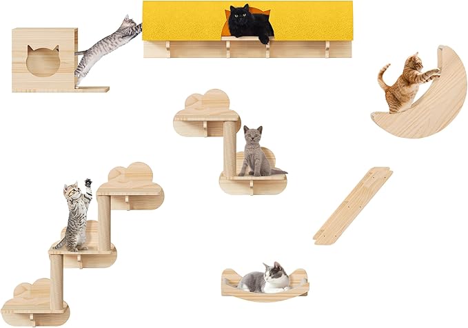 13-in-1 Cat Wall Shelves and Perches, Floating Cat Shelves, Solid Wood Wall Mounted Cat Furniture, Cat Climbing Shelves with Moon Hammock, House, Wall Ladder, Scratching Post and Cat Tunnel