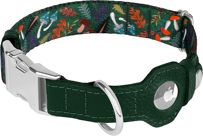 AirTag Dog Collar for Small Medium Large Breed - Adjustable Cute Pattern Dog Collar with Airtag Holder - Soft Leather Tracker GPS Apple Air Tag Pet Collars (Small, 12"-15" Neck Fit, Mushroom)