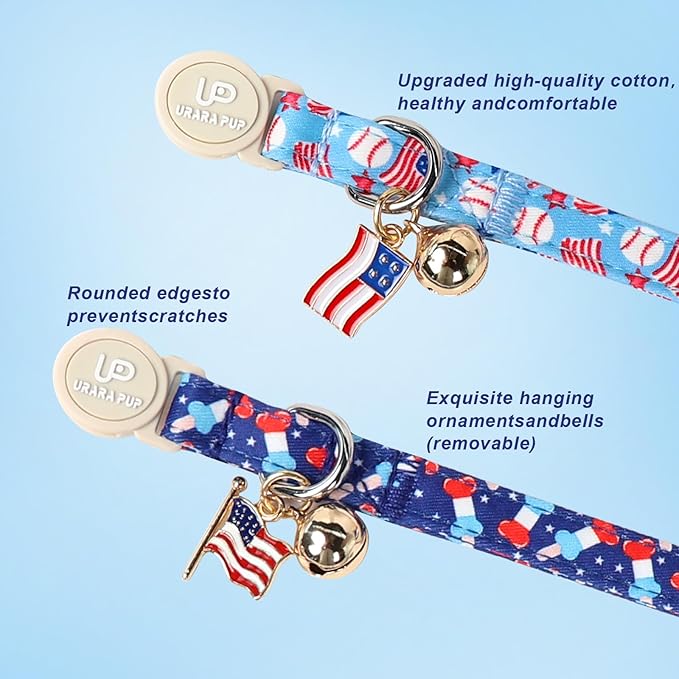 4th 0f July Cat Collar,2Pack Patriotic Day Kitten Collars Cute Flag Breakaway Kitty Collars,Summer Baseball Blue Cat Collar with Bell, for Girl & Boy Cats