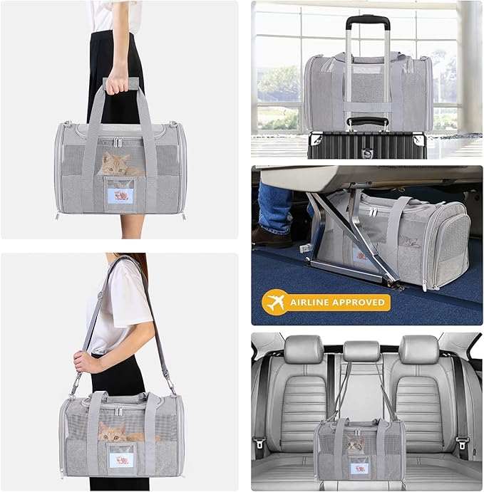 Airline Approved Cat Carrier, Soft-Sided Pet Travel Carrier for Cats and Small Dogs up to 15lbs, TSA Approved Under Seat Carrier with Collapsible Bowl, Grey