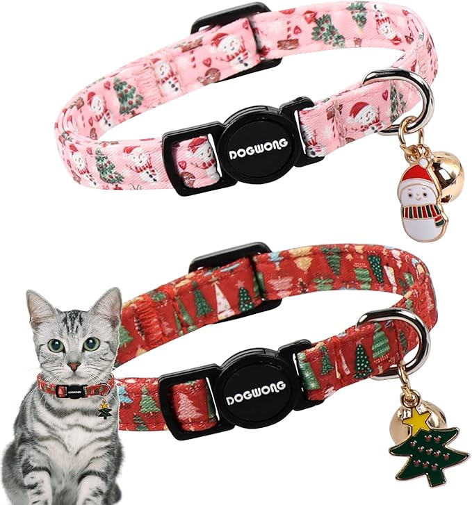 2 Pack Christmas Cat Collars Breakaway with Bell, DOGWONG Safety Buckle Christmas Snowman Cute Cat Collar for Girl Boy Cats，Adjustable 7-12 Inch